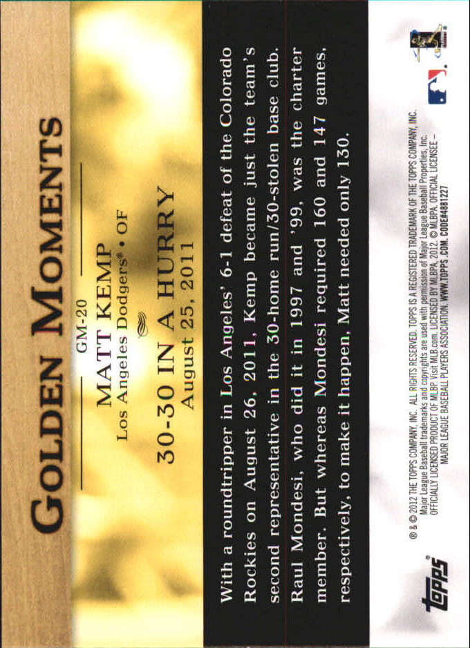 2012 Topps Mini Golden Moments #GM20 Matt Kemp back image