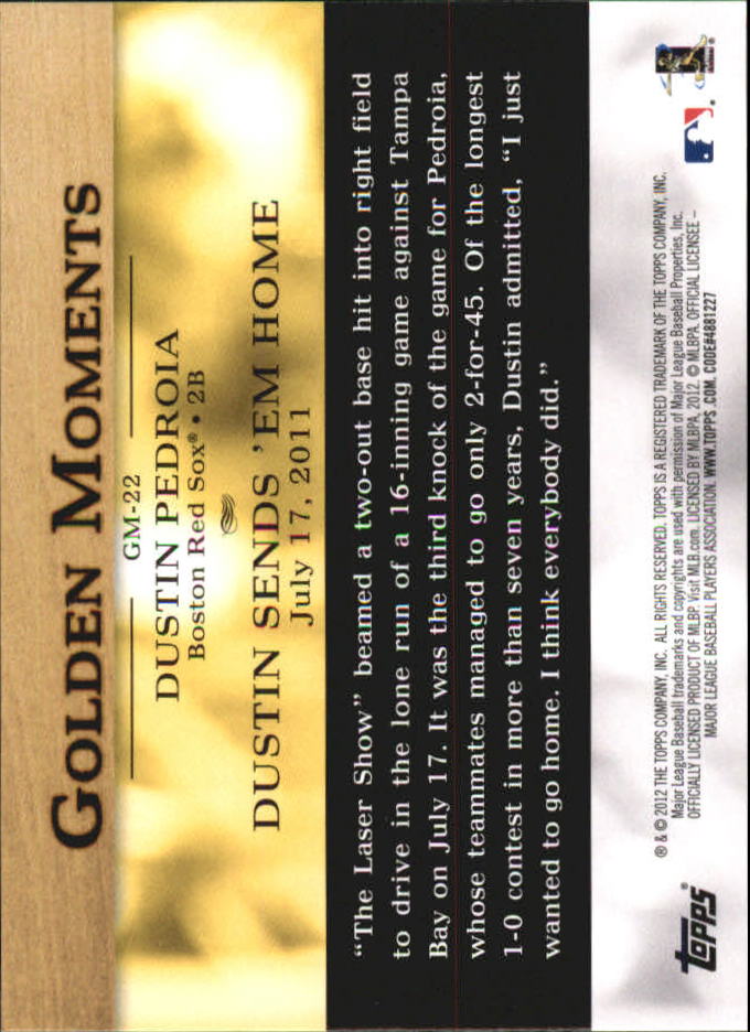 2012 Topps Mini Golden Moments #GM22 Dustin Pedroia back image