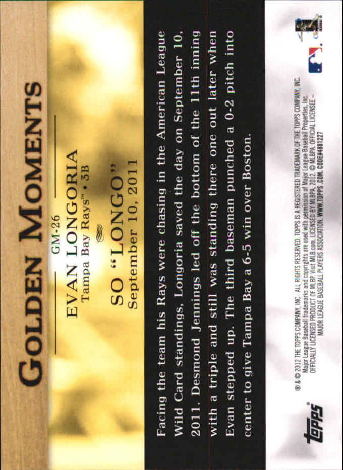 2012 Topps Mini Golden Moments #GM26 Evan Longoria back image