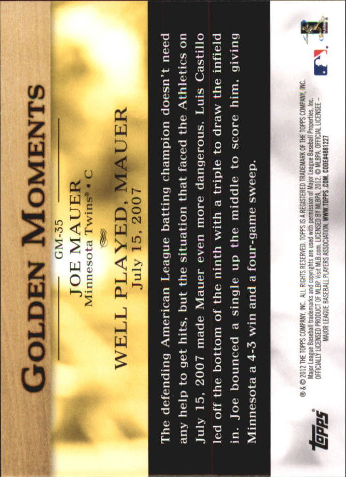 2012 Topps Mini Golden Moments #GM35 Joe Mauer back image