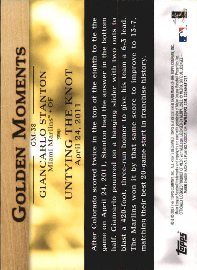 2012 Topps Mini Golden Moments #GM38 Giancarlo Stanton back image