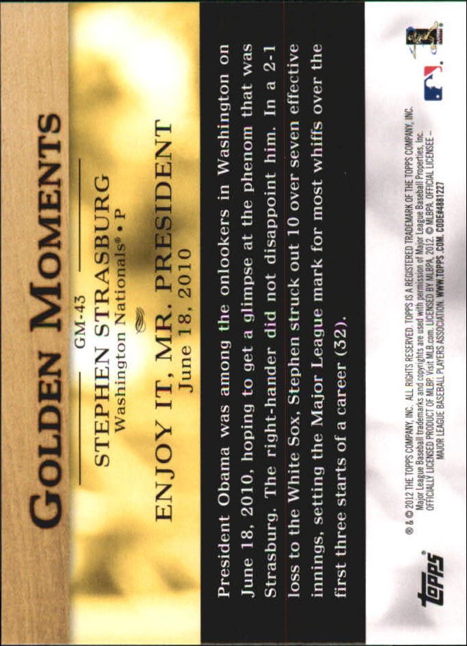 2012 Topps Mini Golden Moments #GM43 Stephen Strasburg back image