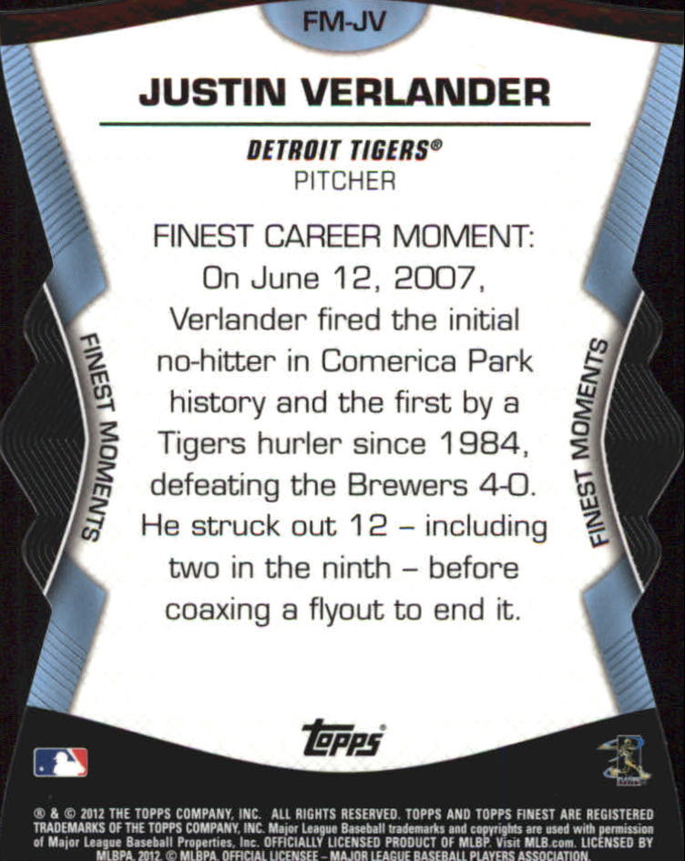 2012 Finest Moments #JV Justin Verlander back image
