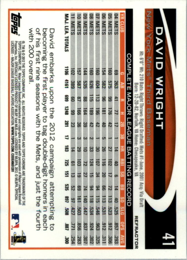 2012 Topps Chrome Purple Refractors #41 David Wright back image