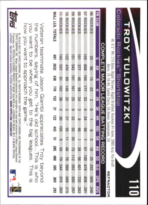 2012 Topps Chrome Purple Refractors #110 Troy Tulowitzki back image