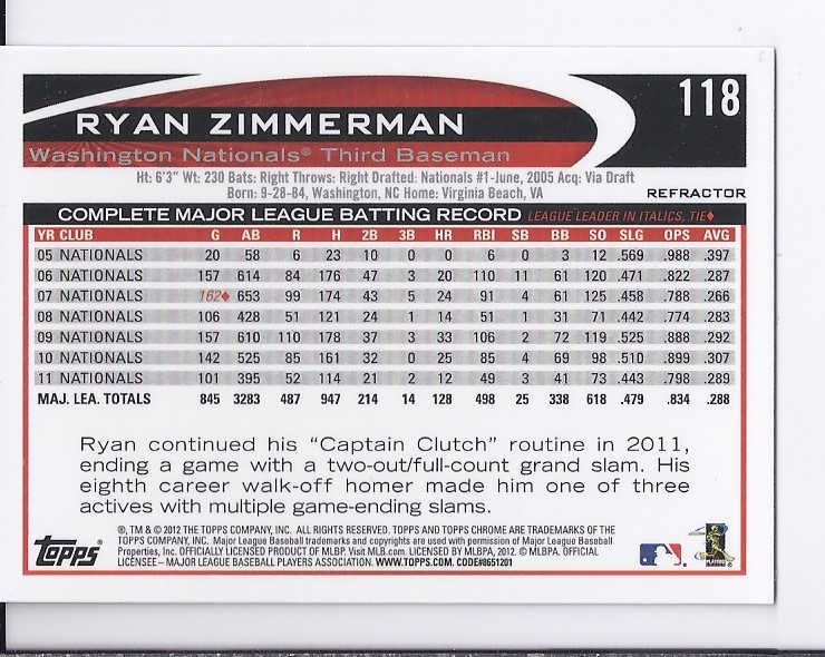 2012 Topps Chrome Purple Refractors #118 Ryan Zimmerman back image