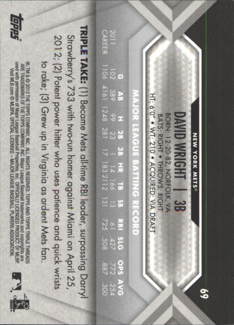 2012 Topps Triple Threads #69 David Wright back image
