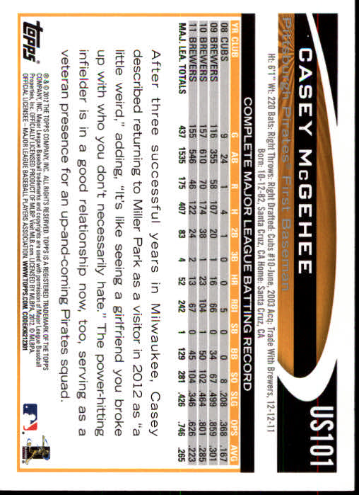 2012 Topps Update #US101 Casey McGehee back image