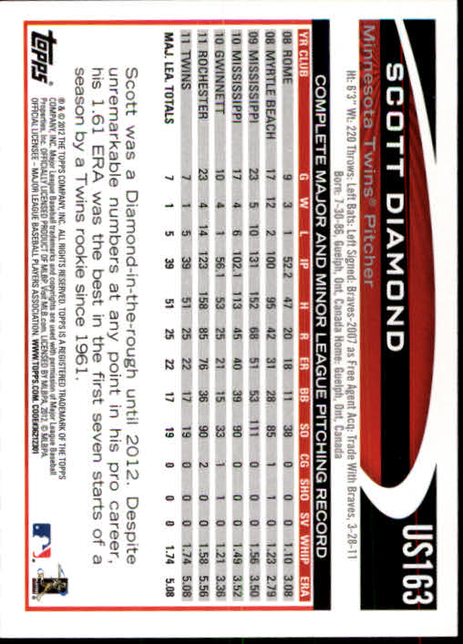 2012 Topps Update #US163 Scott Diamond RC back image