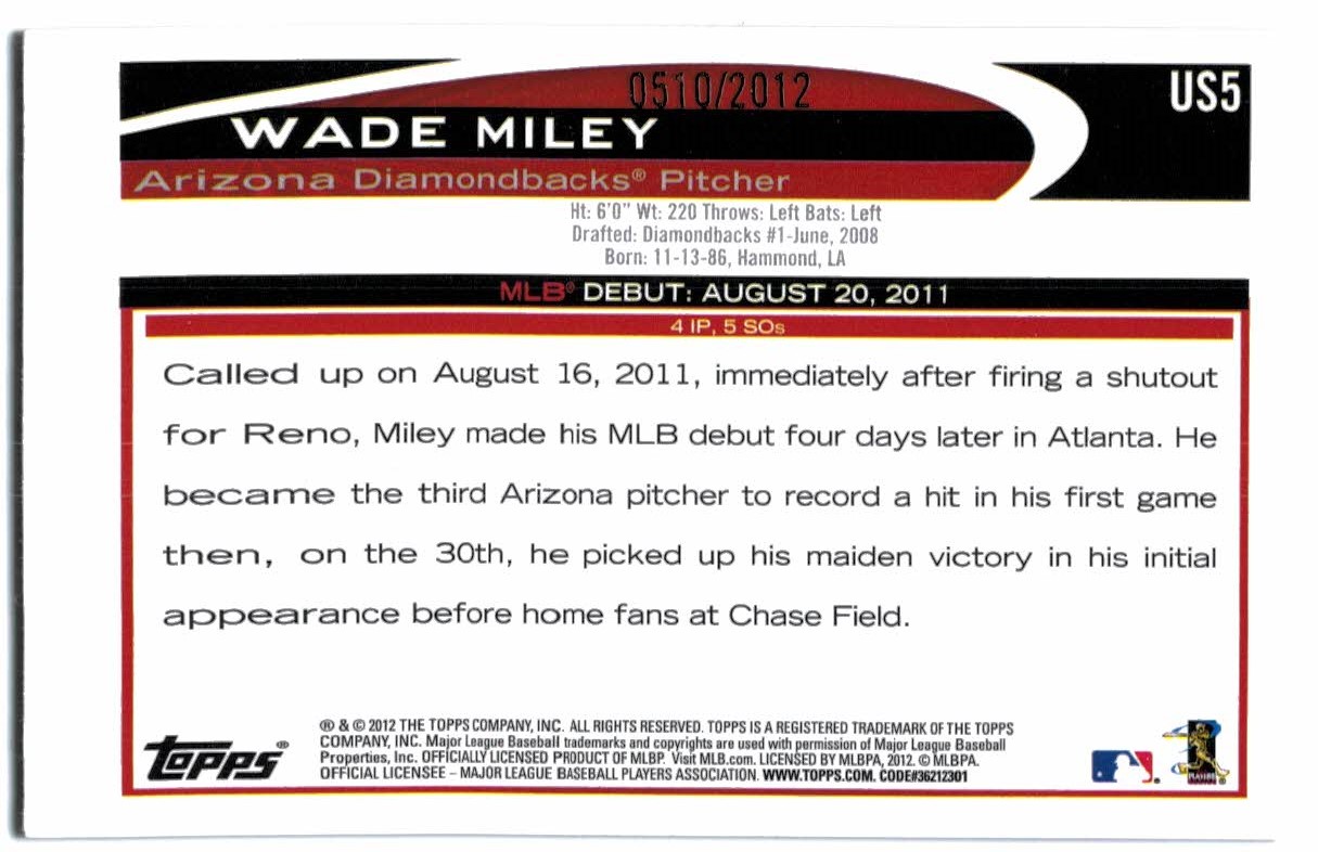 2012 Topps Update Gold #US5 Wade Miley back image
