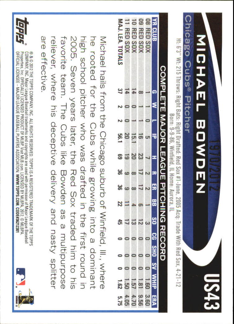 2012 Topps Update Gold #US43 Michael Bowden back image