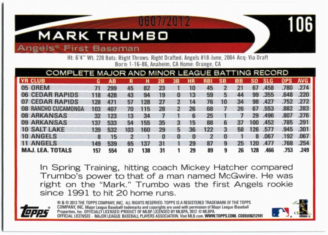 2012 Topps Gold #106 Mark Trumbo back image