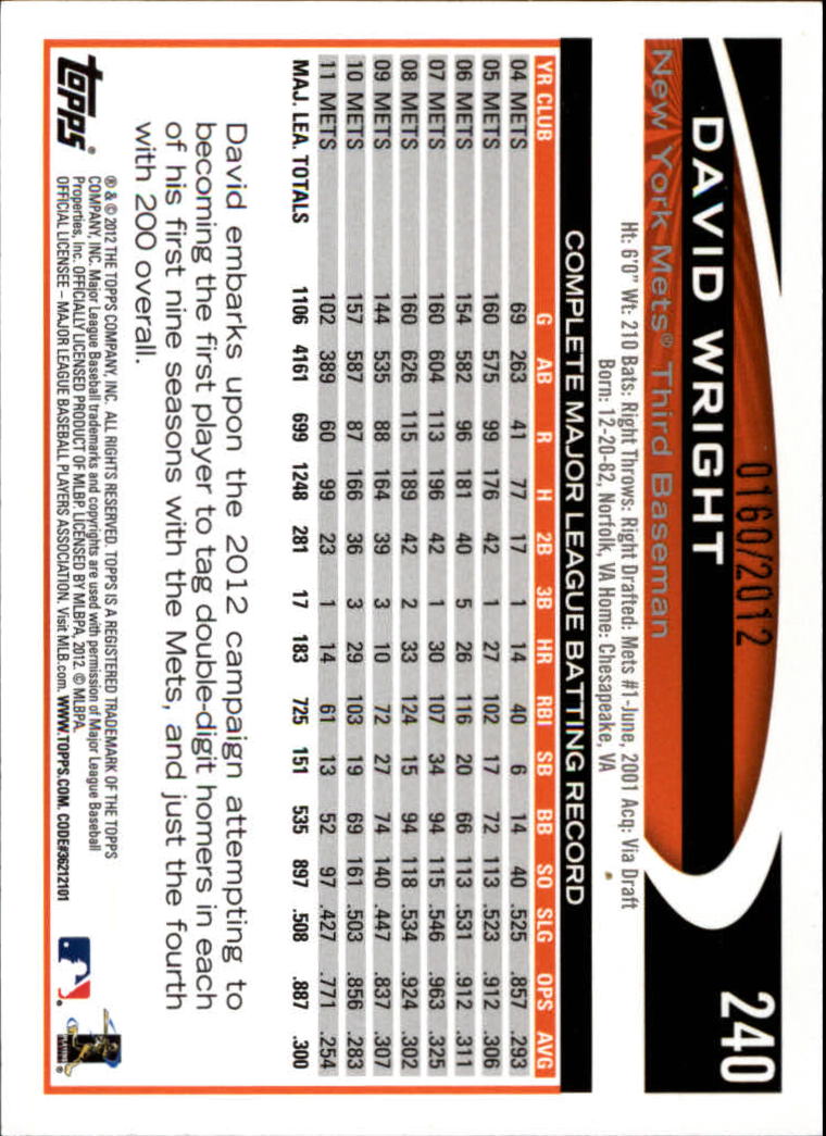 2012 Topps Gold #240 David Wright back image
