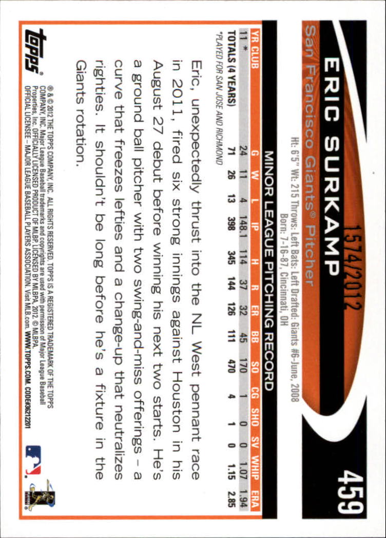 2012 Topps Gold #459 Eric Surkamp back image