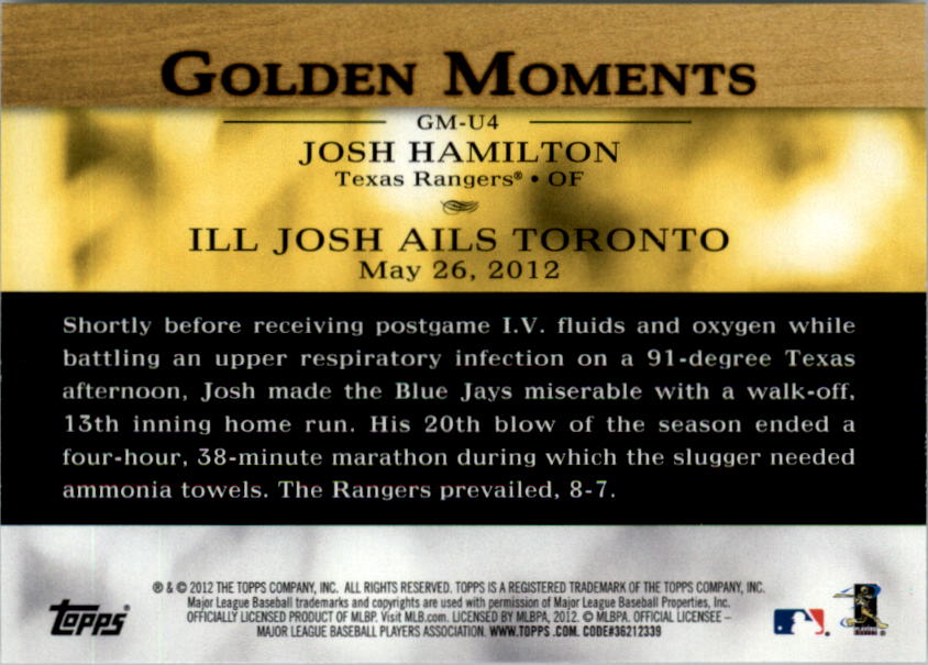 2012 Topps Update Golden Moments #GMU4 Josh Hamilton back image