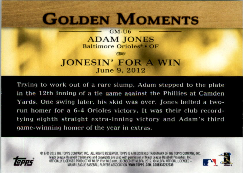 2012 Topps Update Golden Moments #GMU6 Adam Jones back image