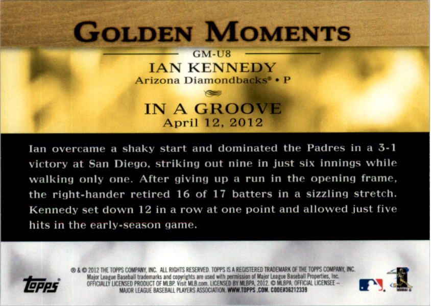 2012 Topps Update Golden Moments #GMU8 Ian Kennedy back image