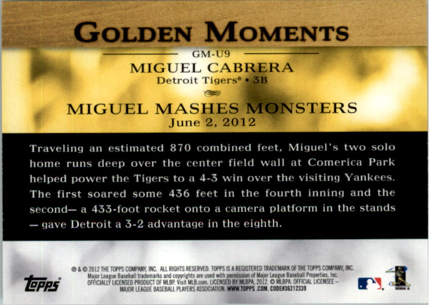 2012 Topps Update Golden Moments #GMU9 Miguel Cabrera back image