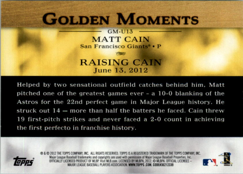 2012 Topps Update Golden Moments #GMU13 Matt Cain back image