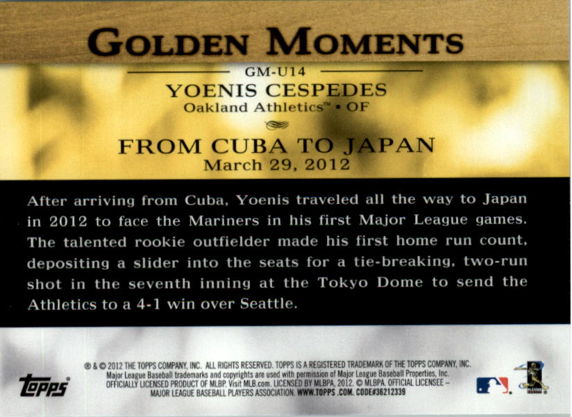 2012 Topps Update Golden Moments #GMU14 Yoenis Cespedes back image