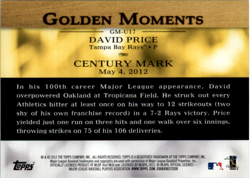 2012 Topps Update Golden Moments #GMU17 David Price back image