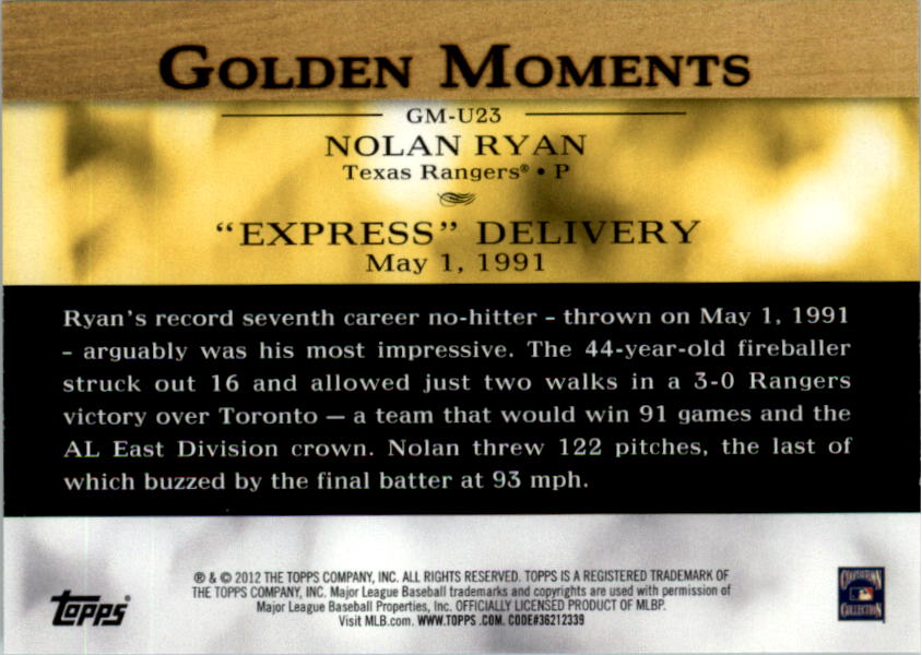 2012 Topps Update Golden Moments #GMU23 Nolan Ryan back image