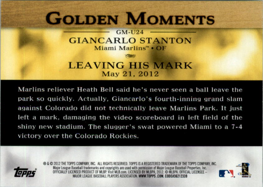 2012 Topps Update Golden Moments #GMU24 Giancarlo Stanton back image