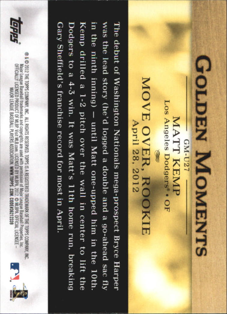 2012 Topps Update Golden Moments #GMU27 Matt Kemp back image