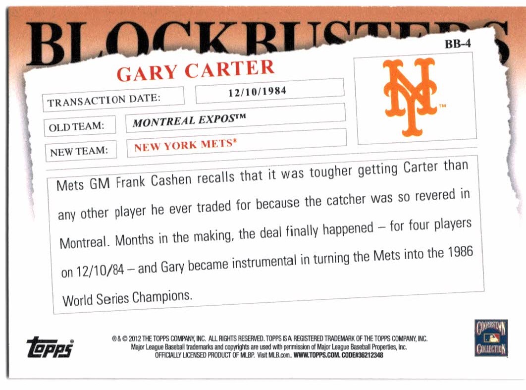 2012 Topps Update Blockbusters #BB4 Gary Carter back image