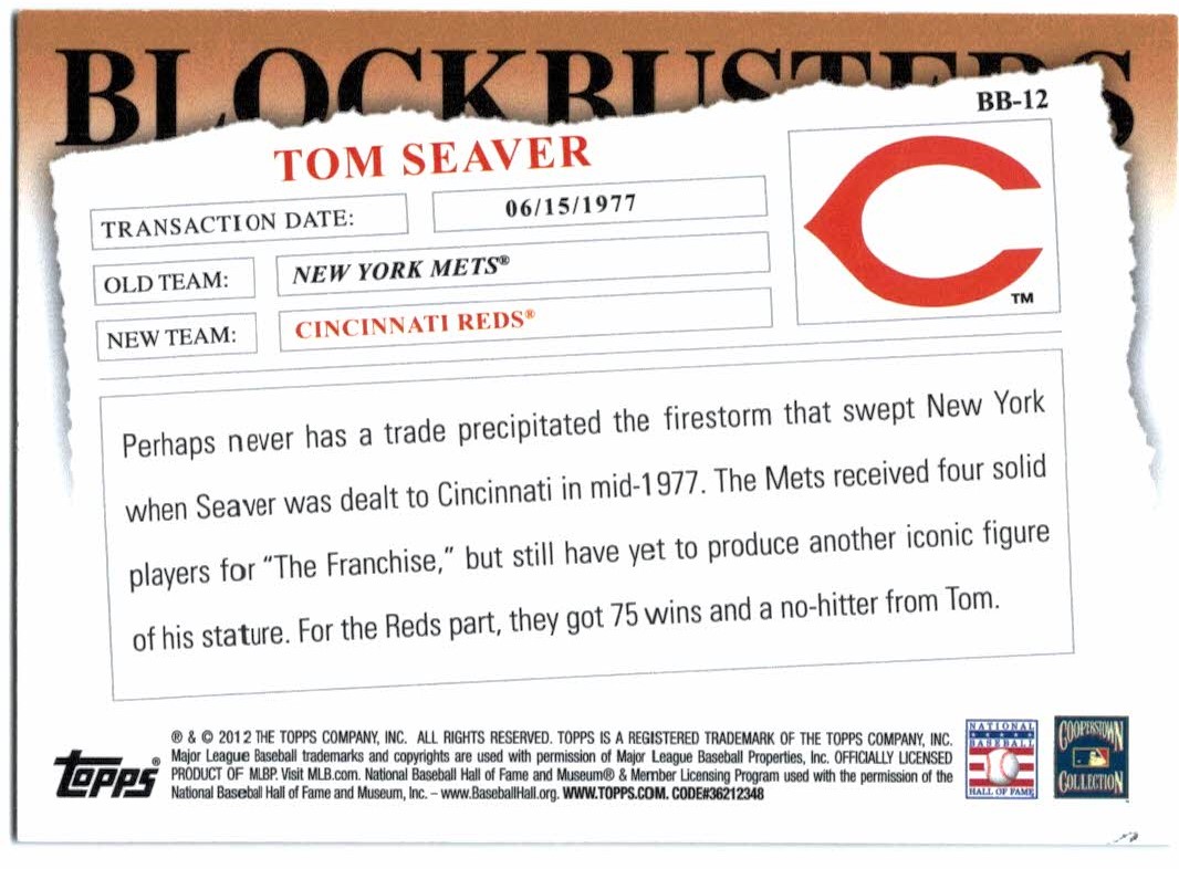 2012 Topps Update Blockbusters #BB12 Tom Seaver back image