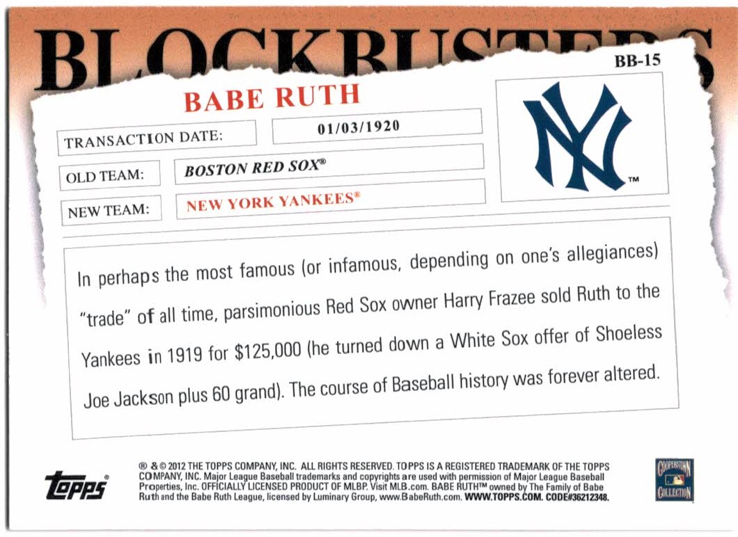 2012 Topps Update Blockbusters #BB15 Babe Ruth back image