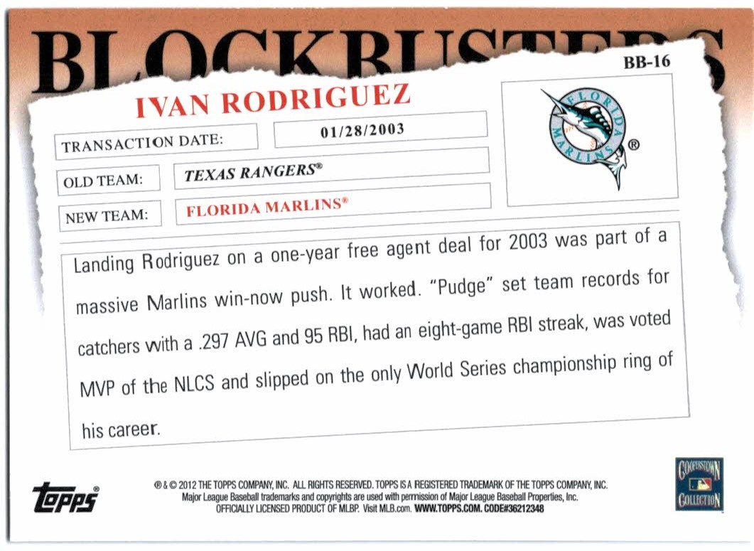 2012 Topps Update Blockbusters #BB16 Ivan Rodriguez back image
