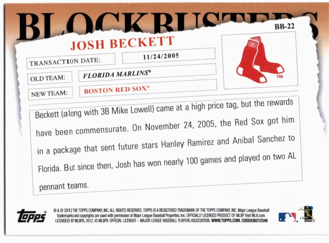 2012 Topps Update Blockbusters #BB22 Josh Beckett back image