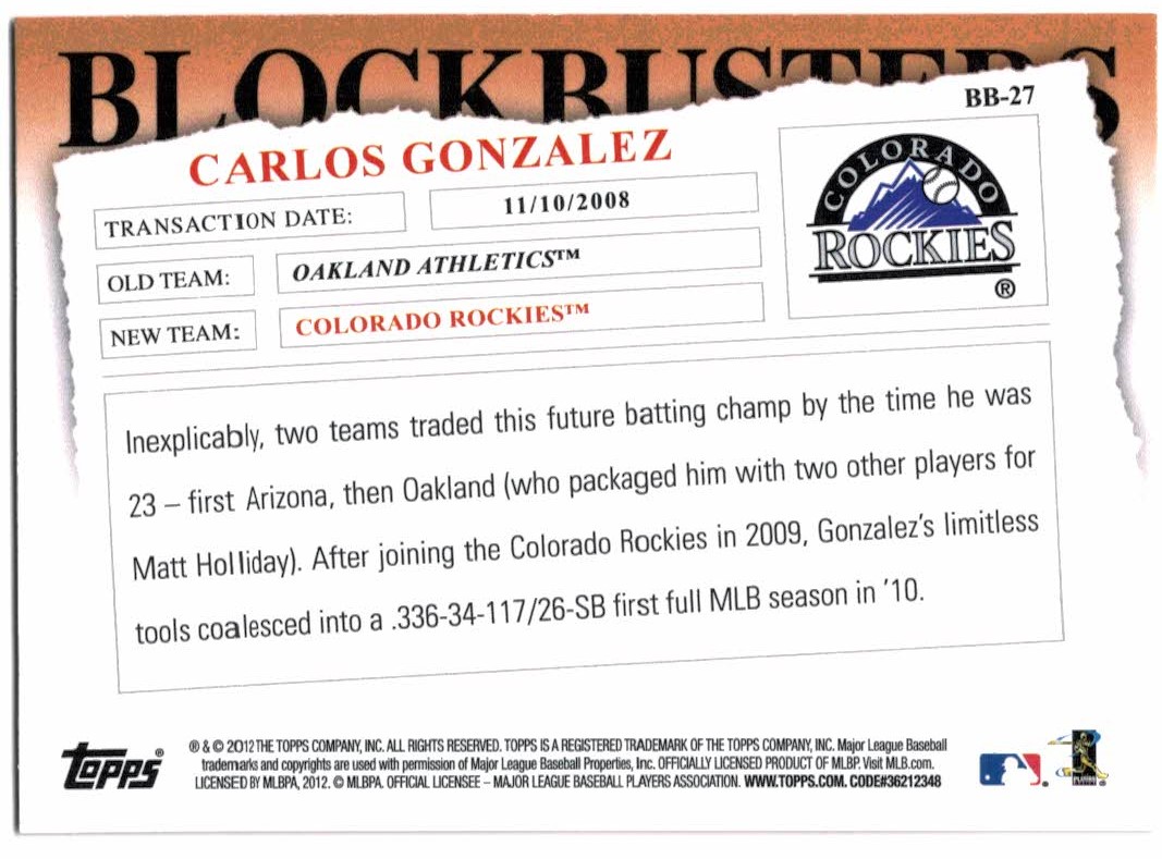 2012 Topps Update Blockbusters #BB27 Carlos Gonzalez back image