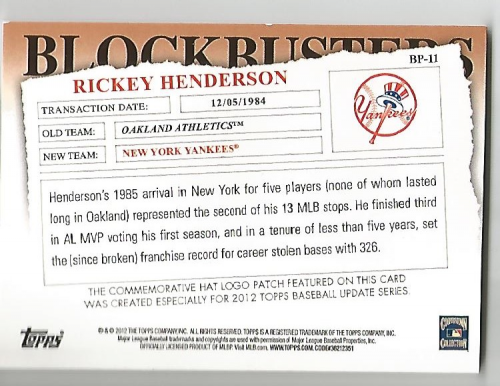 2012 Topps Update Blockbusters Commemorative Hat Logo Patch #BP11 Rickey Henderson back image