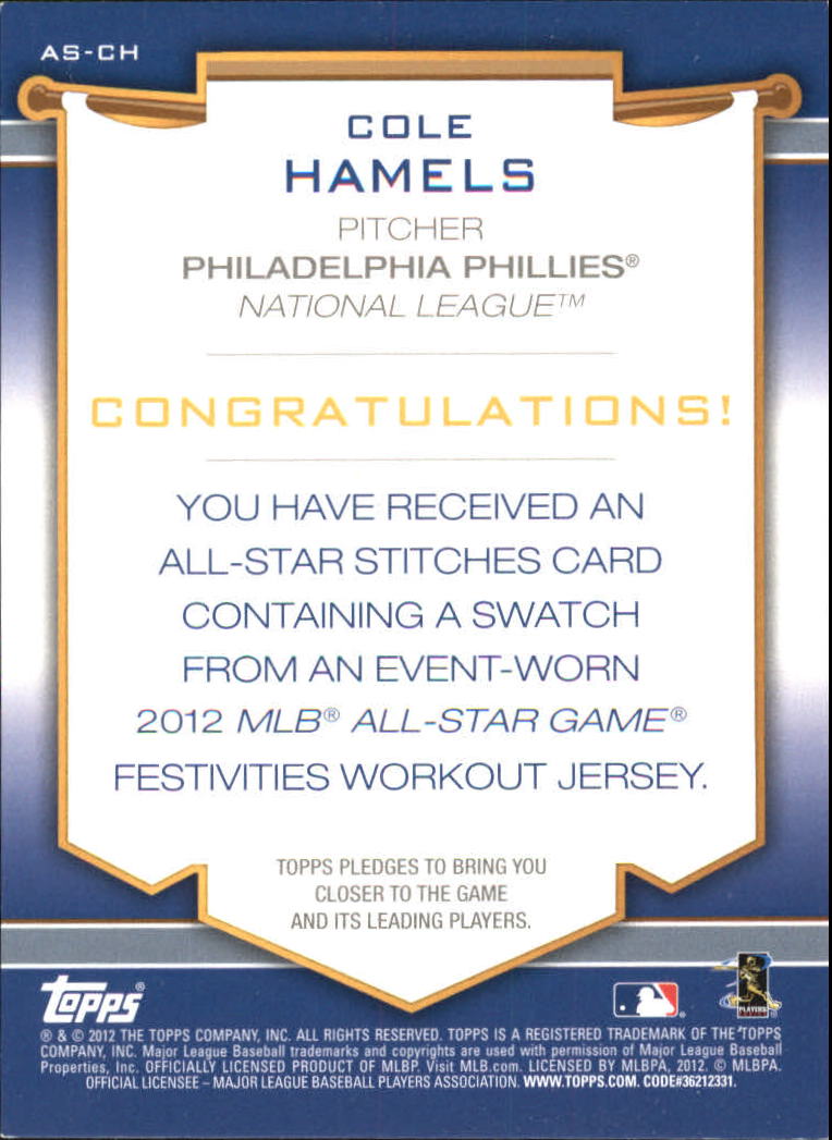 2012 Topps Update All-Star Stitches #CH Cole Hamels back image