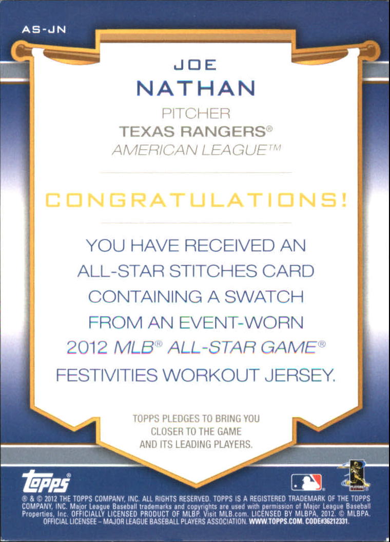 2012 Topps Update All-Star Stitches #JN Joe Nathan back image