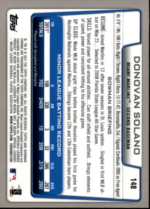 2012 Bowman Chrome #148 Donovan Solano RC back image