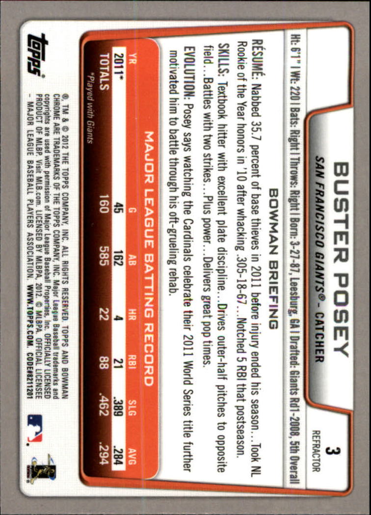 2012 Bowman Chrome Refractors #3 Buster Posey back image