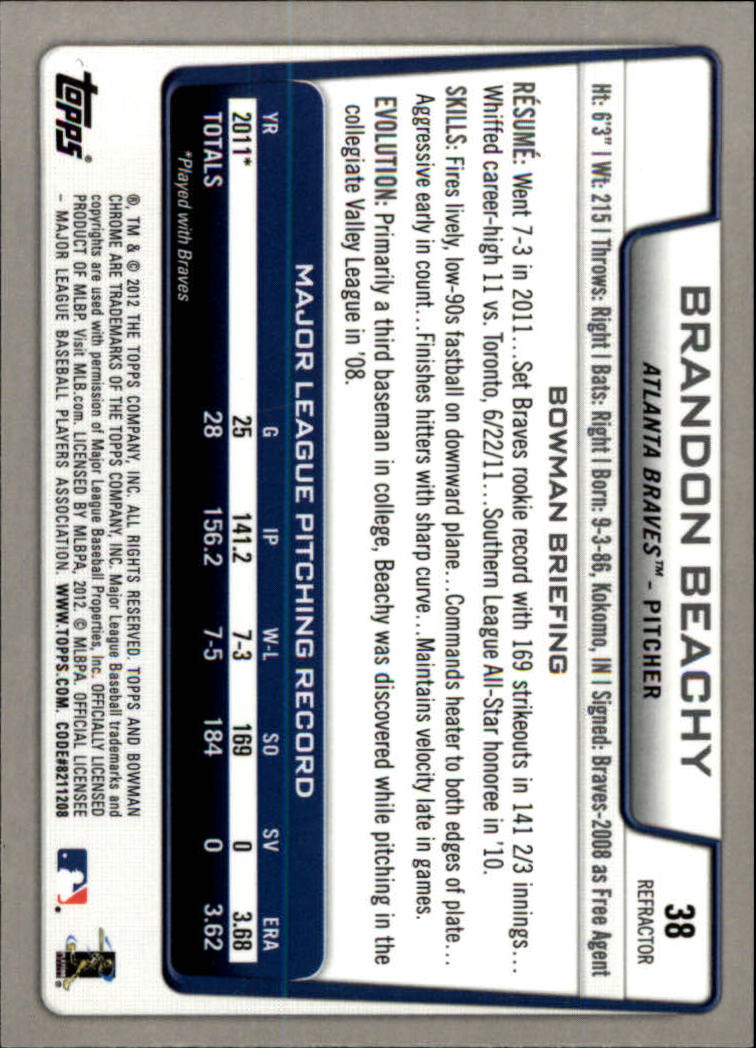 2012 Bowman Chrome Refractors #38 Brandon Beachy back image