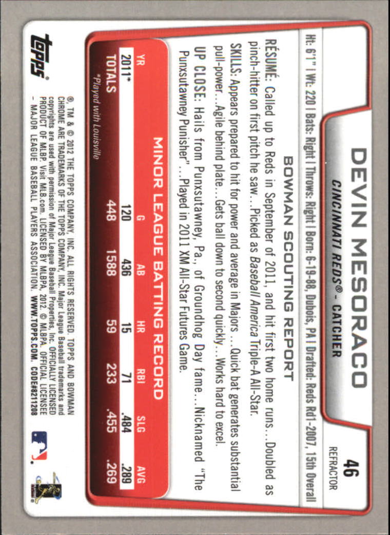 2012 Bowman Chrome Refractors #46 Devin Mesoraco back image