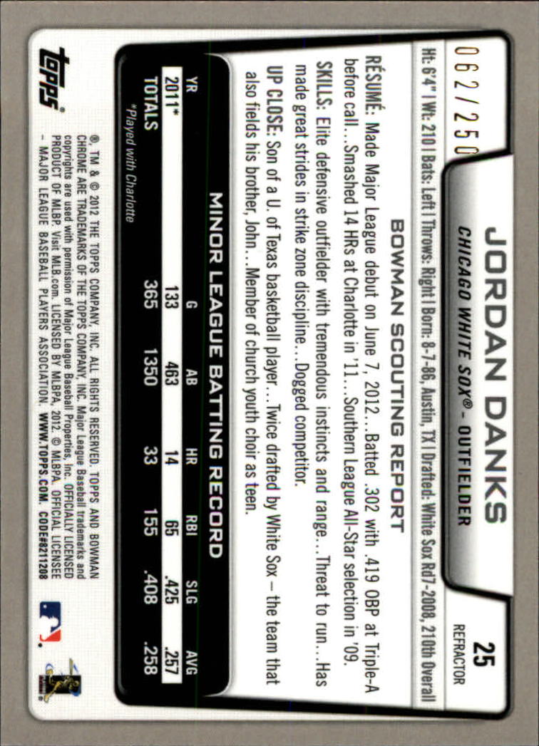 2012 Bowman Chrome Blue Refractors #25 Jordan Danks back image