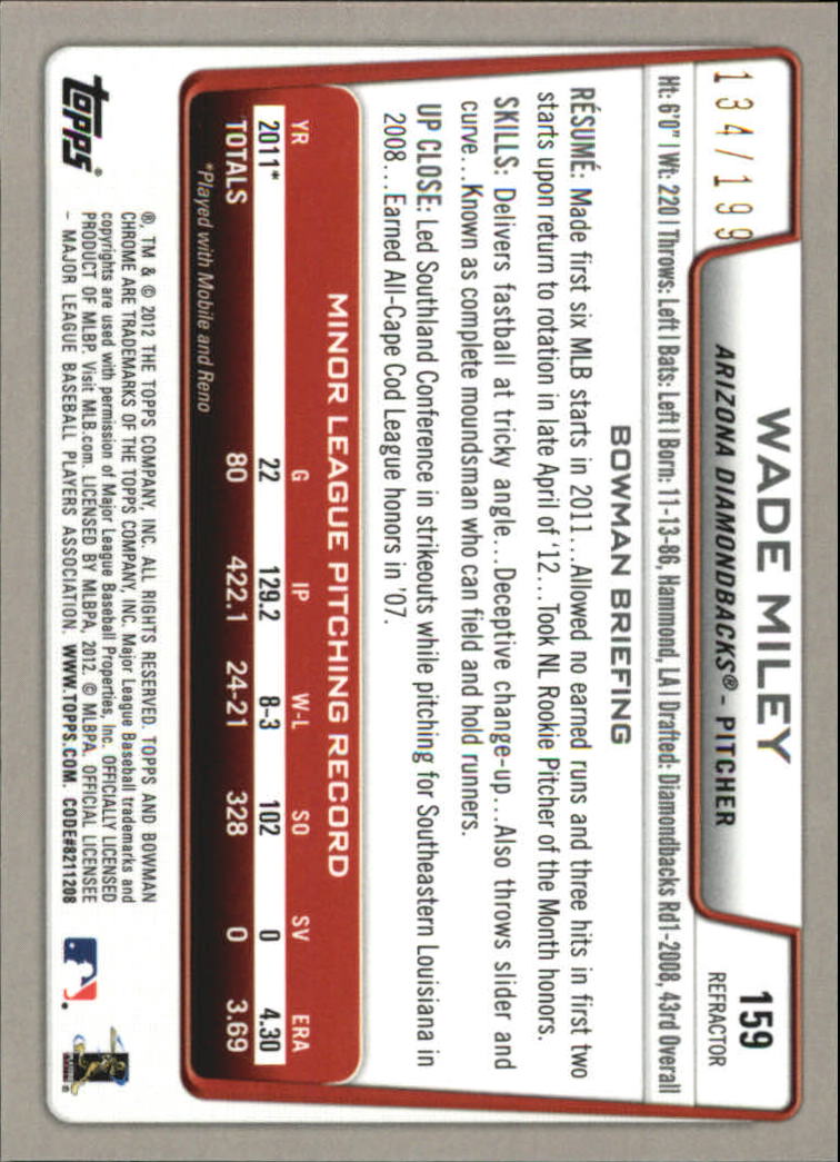 2012 Bowman Chrome Purple Refractors #159 Wade Miley back image