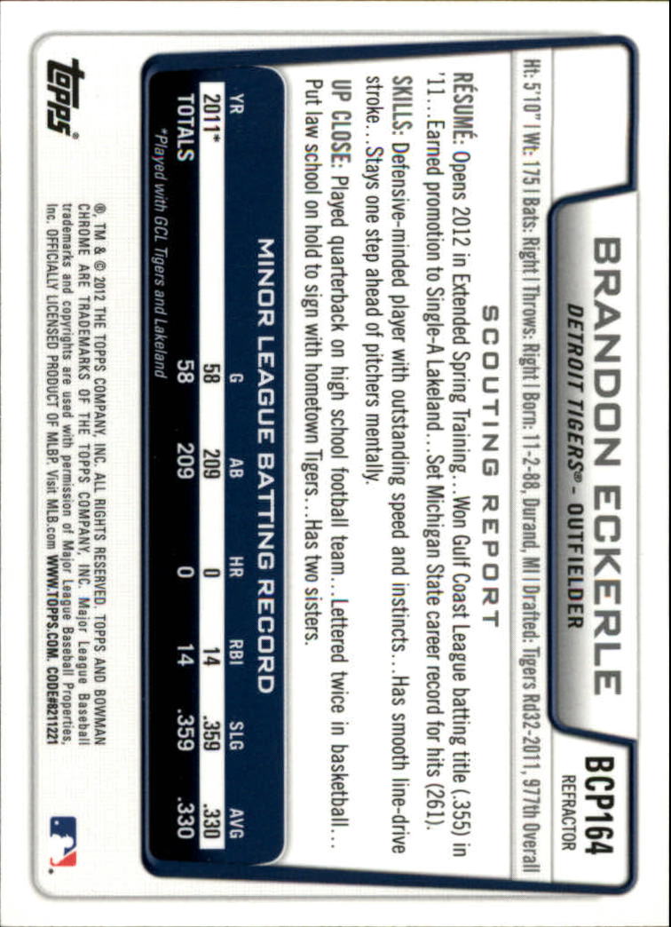 2012 Bowman Chrome Prospects Green Refractors #BCP164 Brandon Eckerle back image