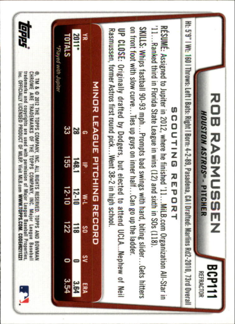 2012 Bowman Chrome Prospects X-Fractors #BCP111 Rob Rasmussen back image
