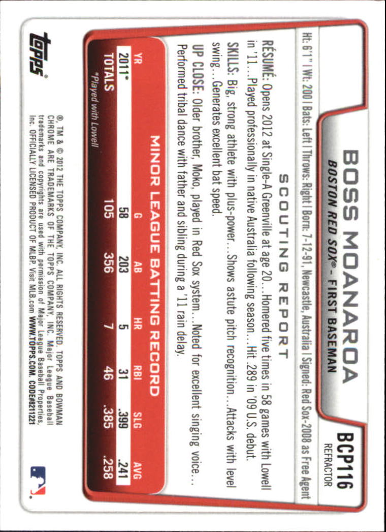 2012 Bowman Chrome Prospects X-Fractors #BCP116 Boss Moanaroa back image