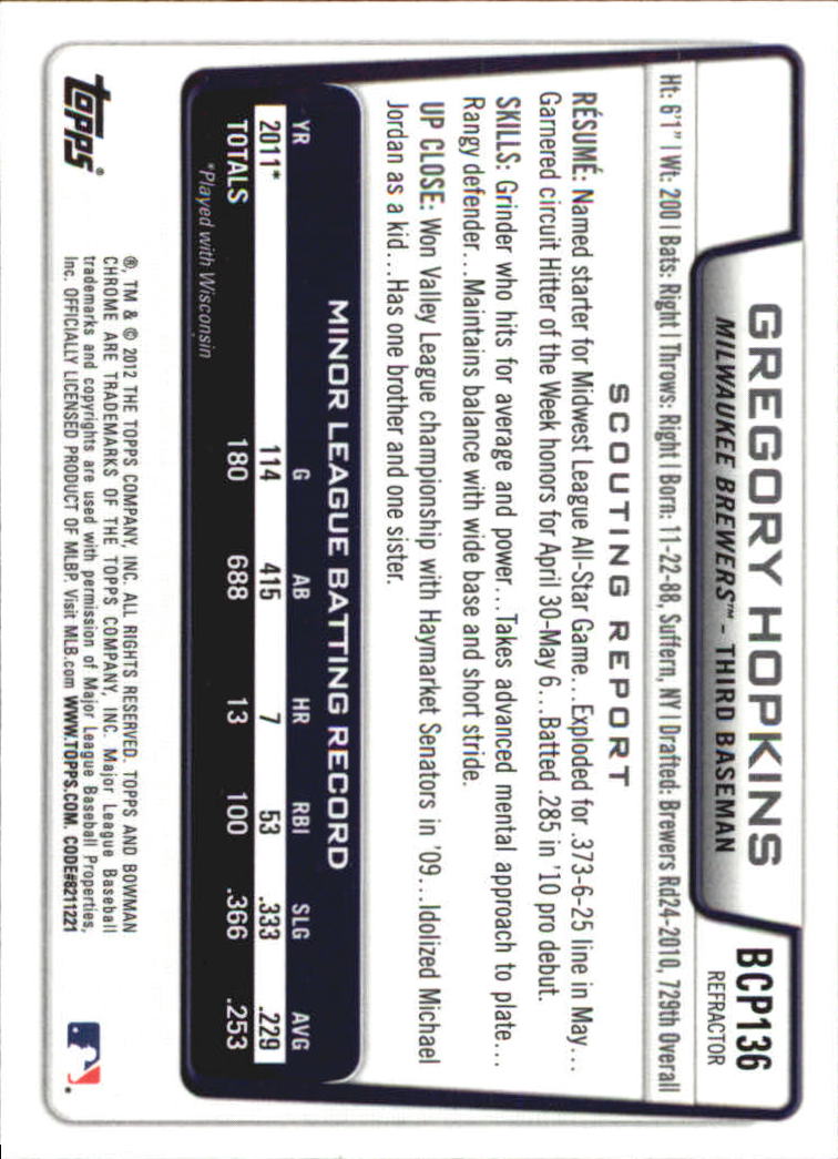 2012 Bowman Chrome Prospects X-Fractors #BCP136 Gregory Hopkins back image