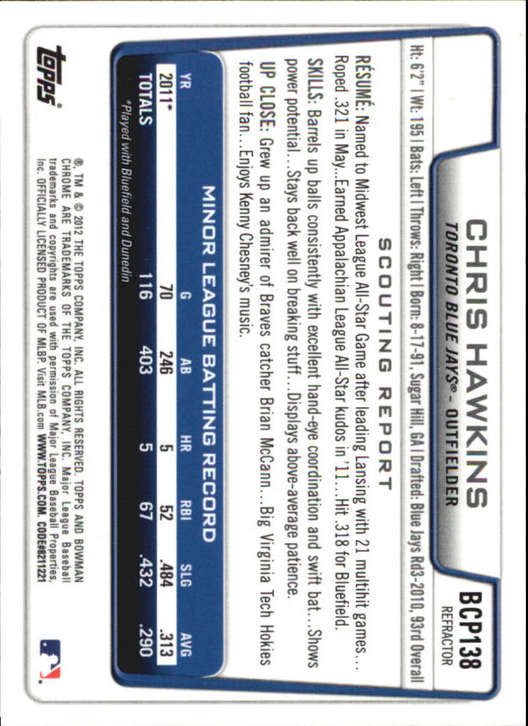 2012 Bowman Chrome Prospects X-Fractors #BCP138 Chris Hawkins back image