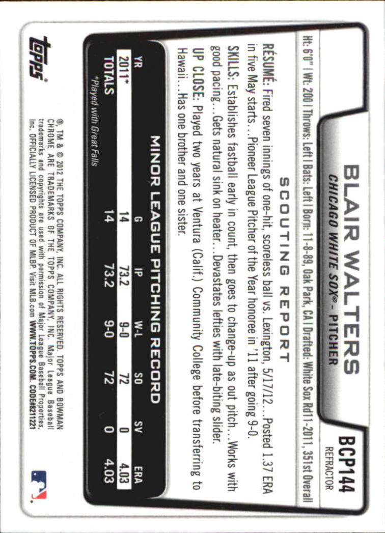 2012 Bowman Chrome Prospects X-Fractors #BCP144 Blair Walters back image