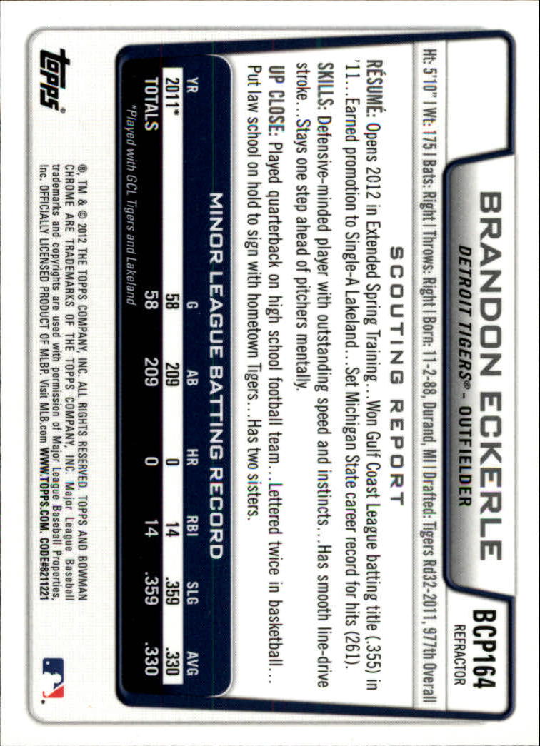 2012 Bowman Chrome Prospects X-Fractors #BCP164 Brandon Eckerle back image